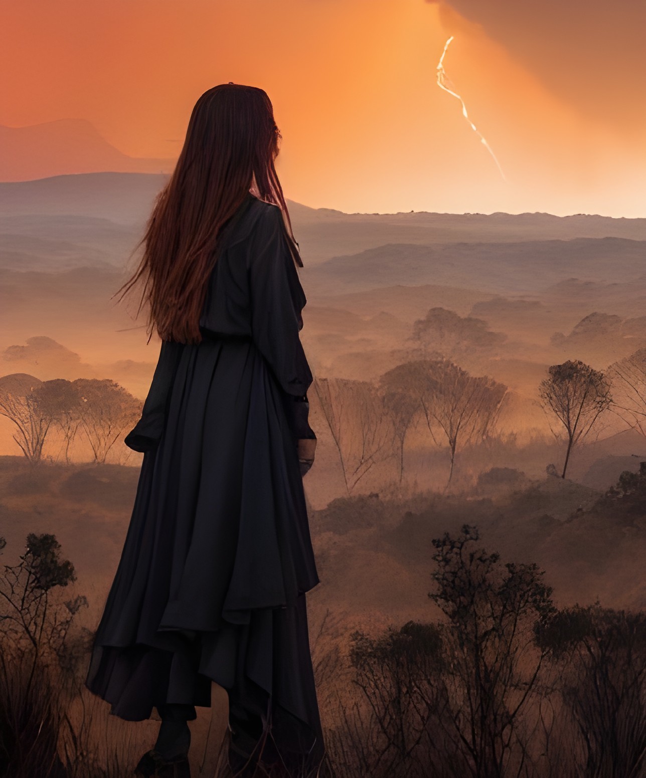 Contemplative Figure in Dark Dress at Misty Landscape