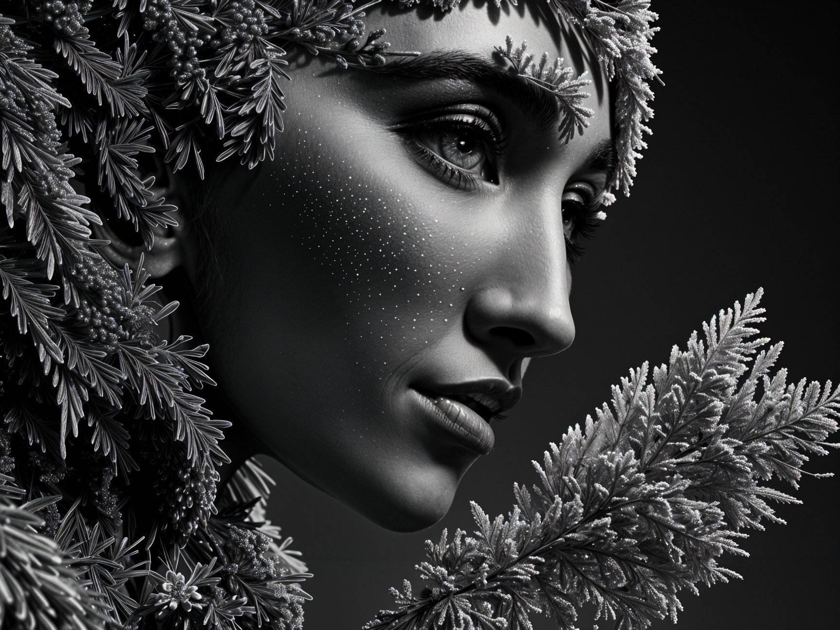 Black-and-white portrait of a woman with foliage
