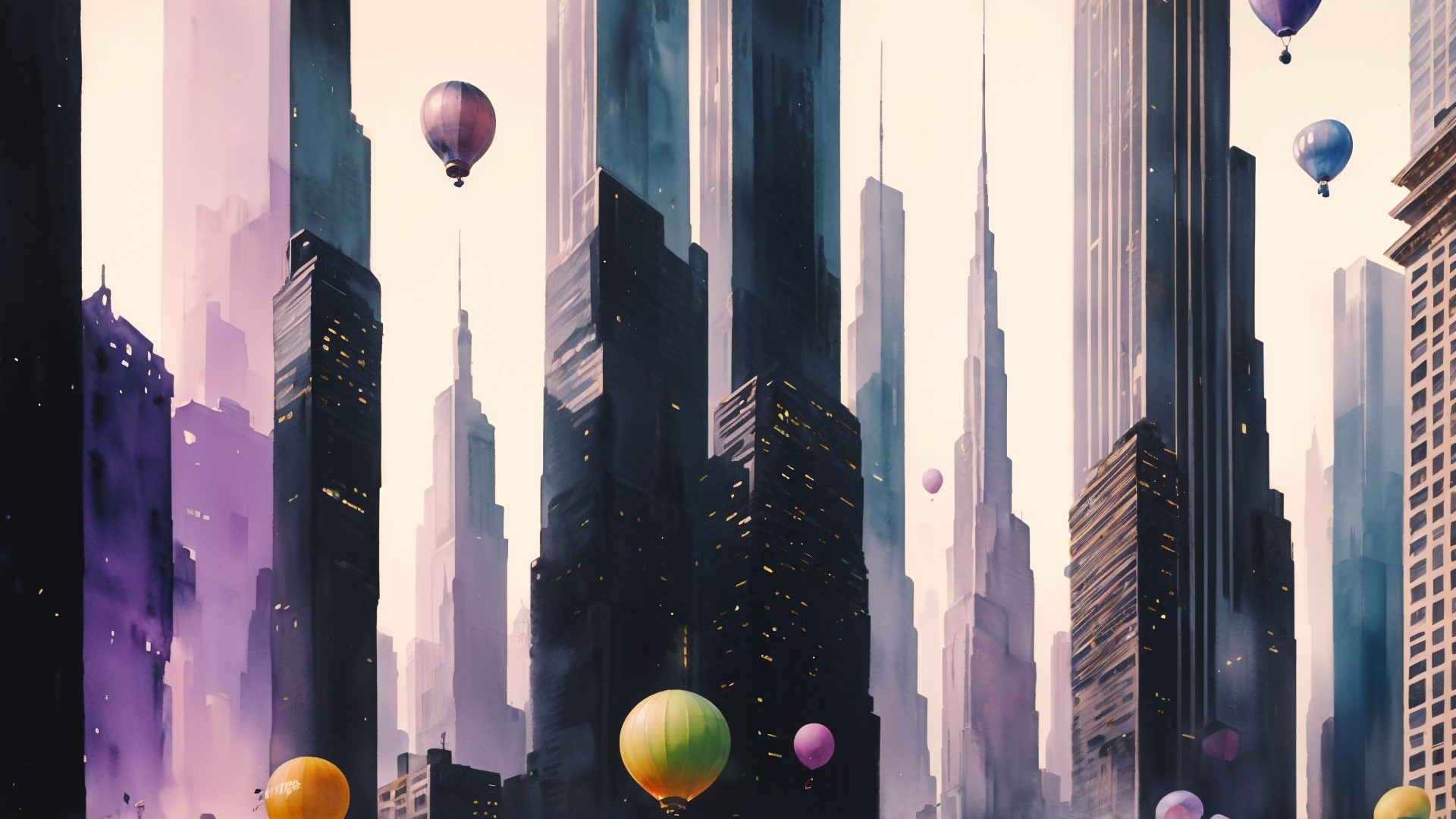 Vibrant cityscape with skyscrapers and hot air balloons