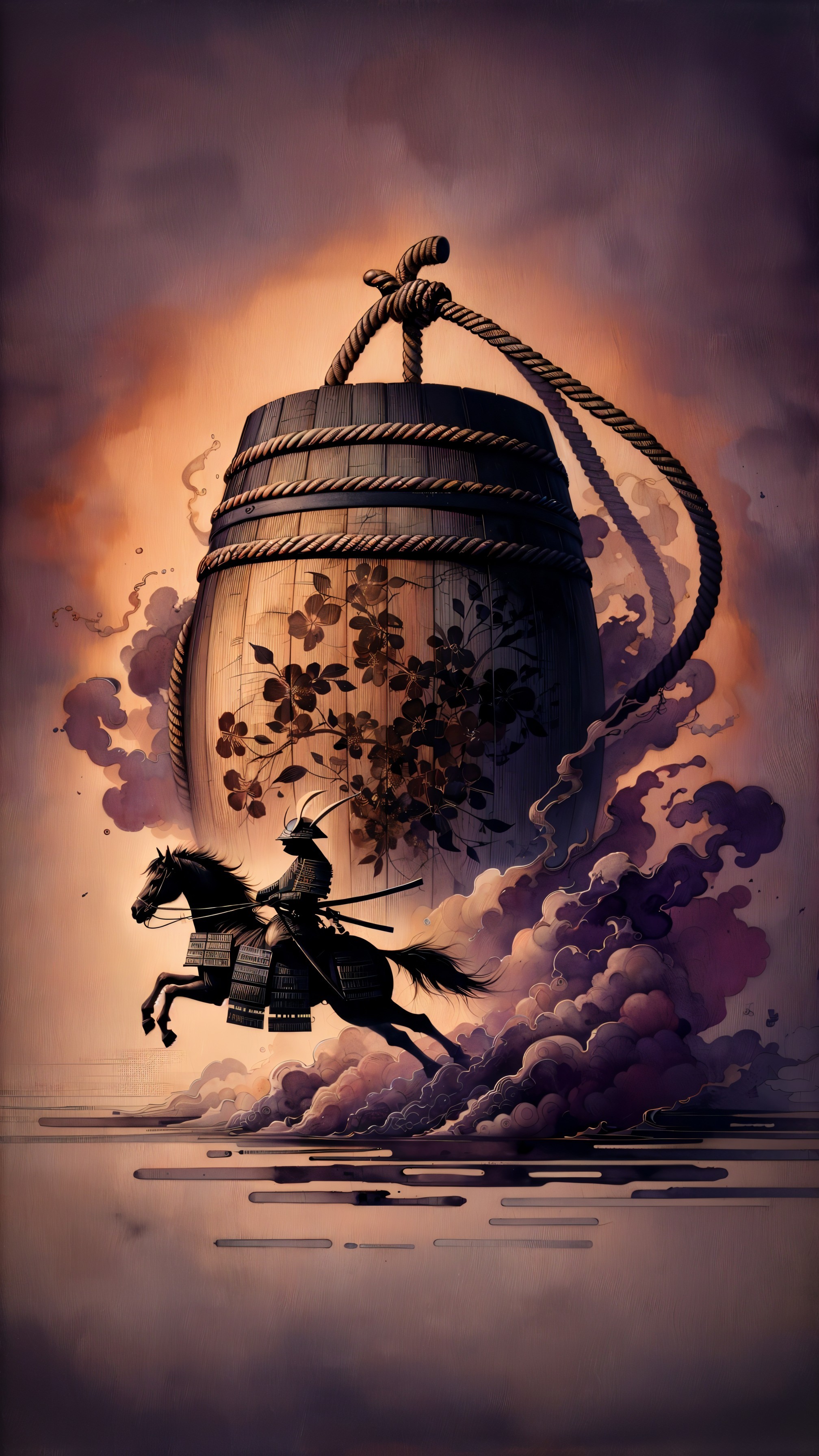 Samurai on Horseback in Misty Landscape with Barrel