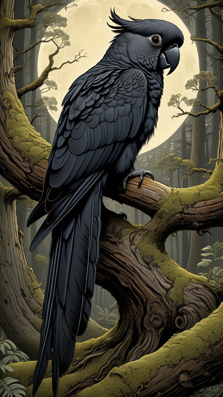 Black Parrot on Mossy Branch in Shadowy Forest