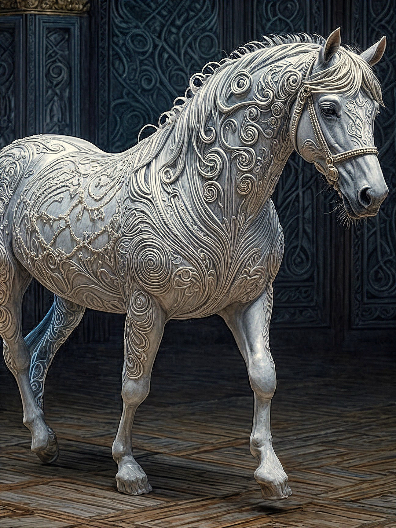 Majestic White Horse with Intricate Patterns and Elegance