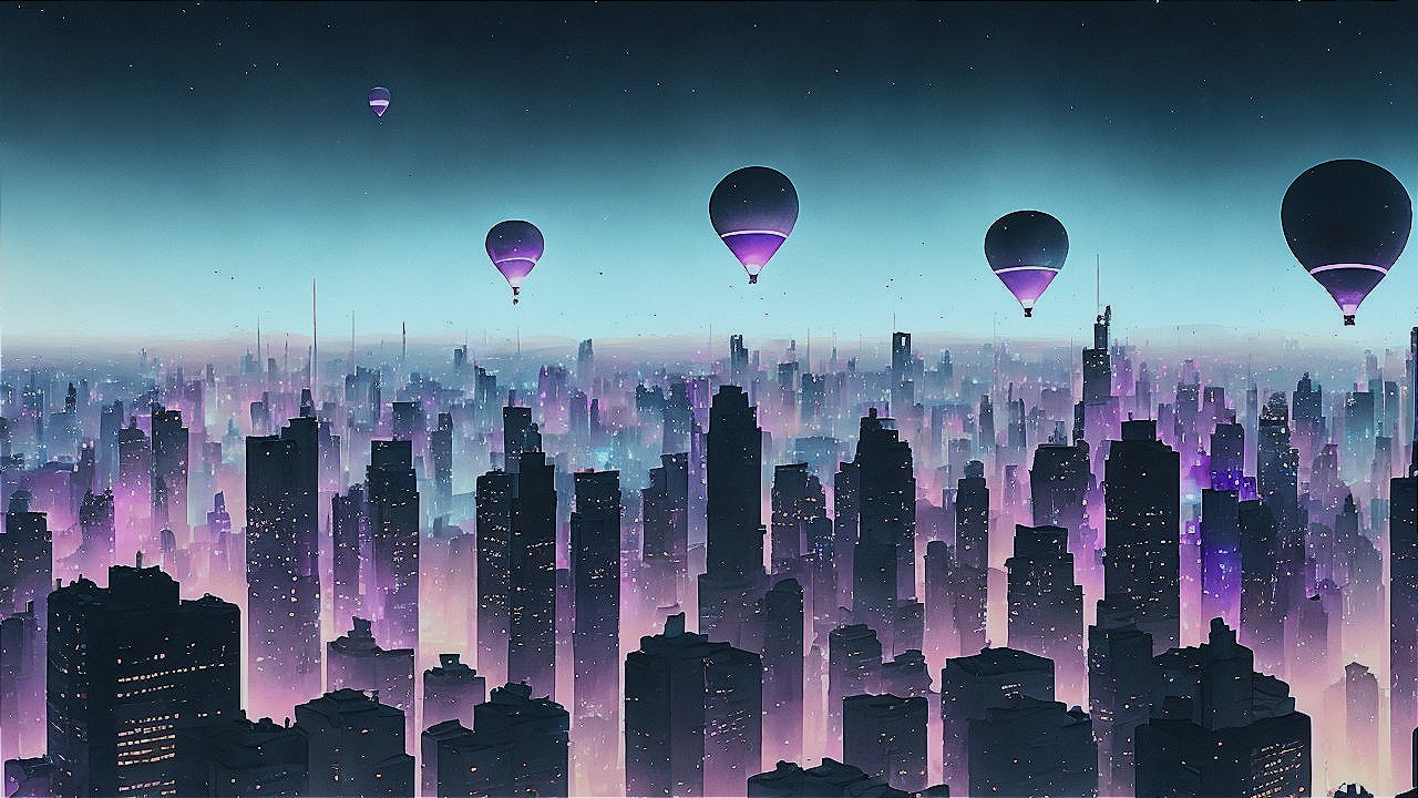 Futuristic cityscape with colorful hot air balloons
