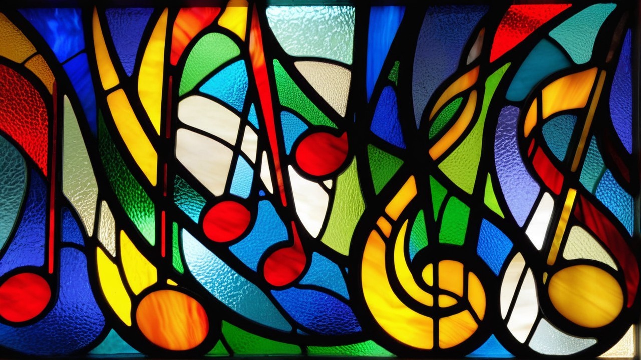 Vibrant Stained Glass Design with Musical Themes