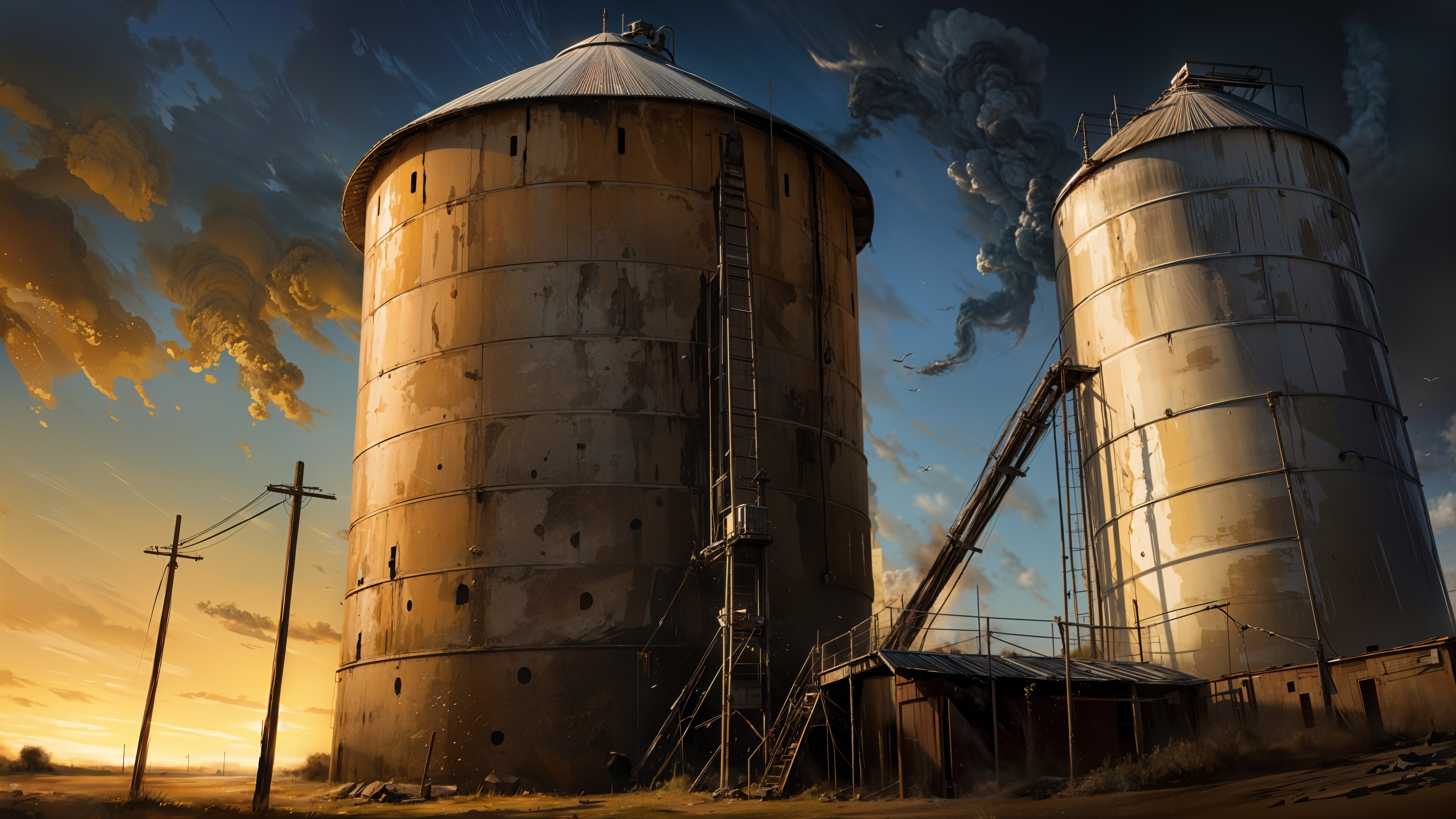 Weathered Silos Against Dramatic Sunset Sky