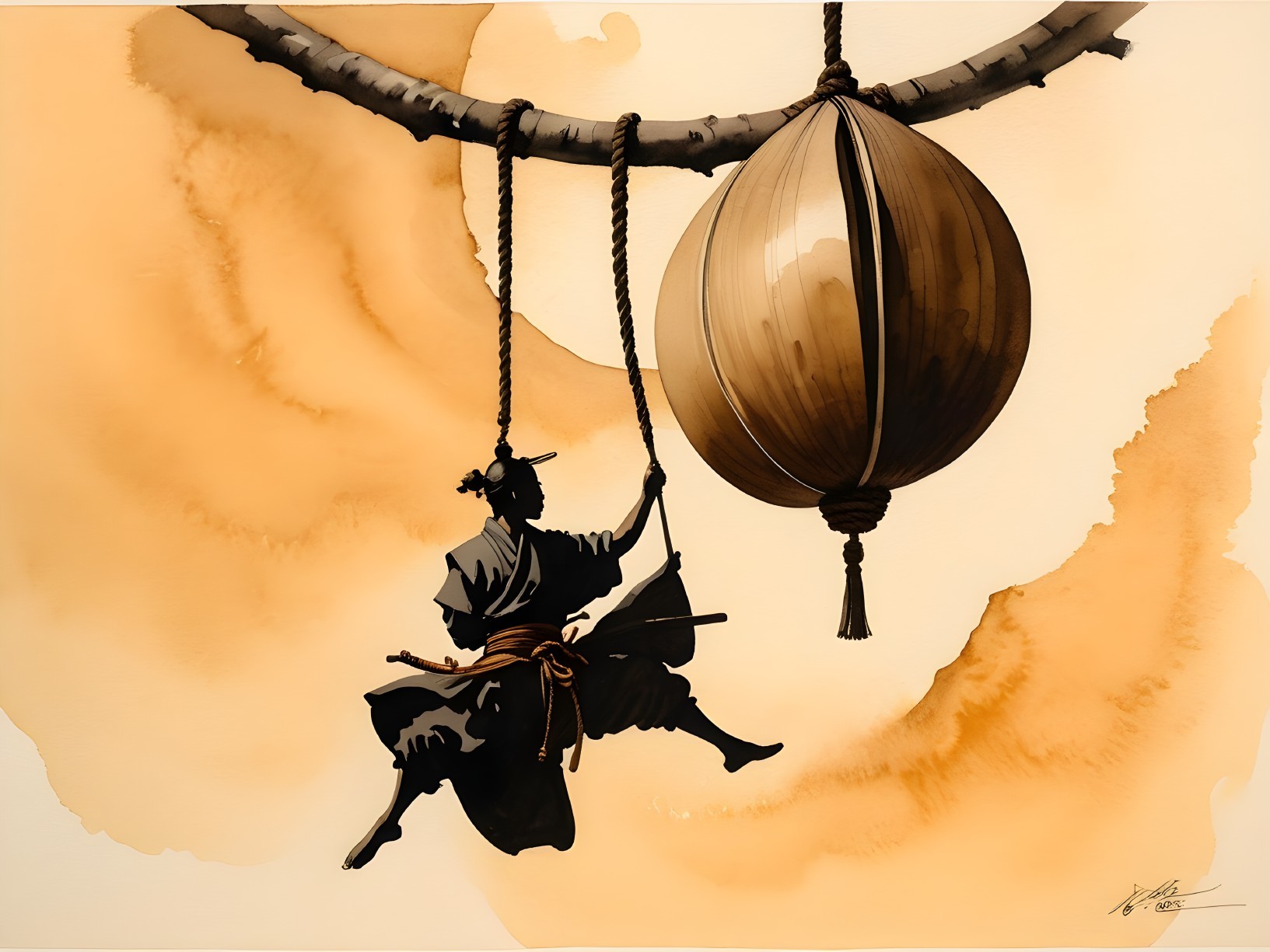 Silhouette of a Figure in Traditional Attire Climbing a Tree