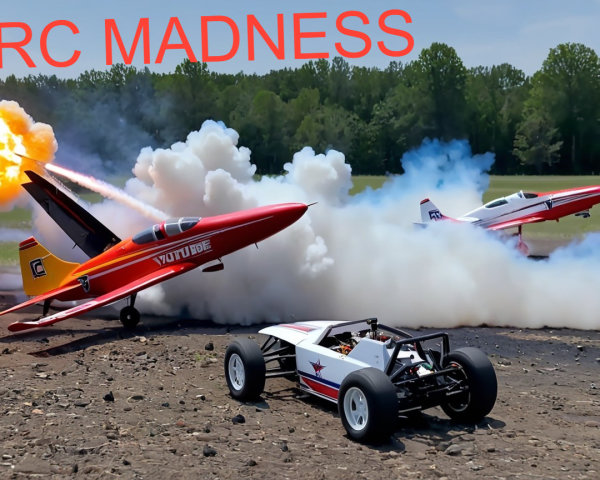 Remote-Controlled Planes and Car in Action Scene