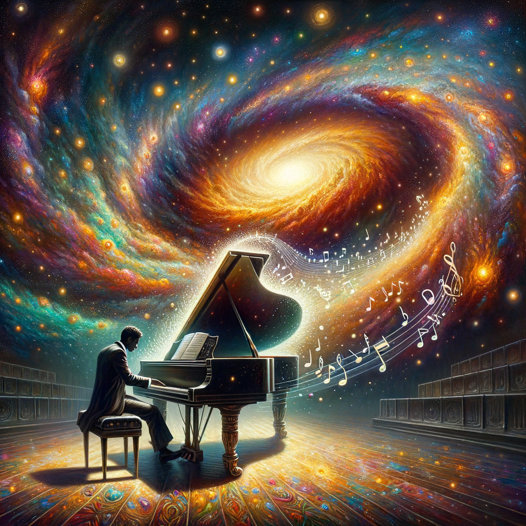 Pianist at Grand Piano in Cosmic Scene with Galaxies
