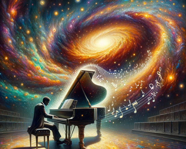 Pianist at Grand Piano in Cosmic Scene with Galaxies