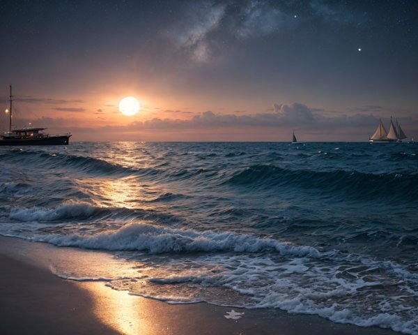 Tranquil Dusk Seascape with Sailboats and Moonlight