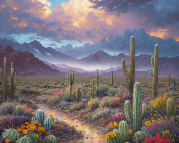 Vibrant Desert Landscape with Wildflowers and Cacti