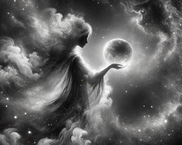 Ethereal figure in black and white celestial scene