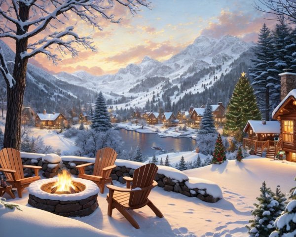 Winter Landscape with Cabins and Snowy Mountains