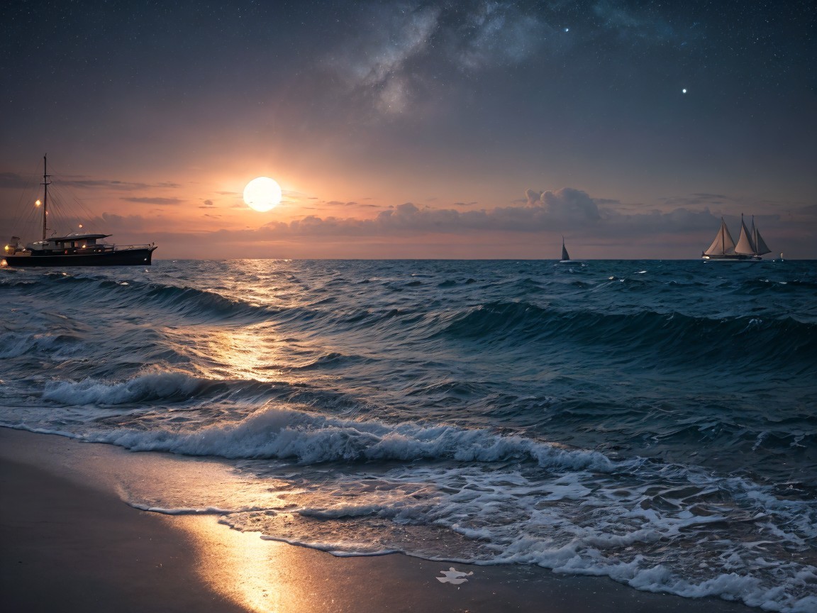 Tranquil Dusk Seascape with Sailboats and Moonlight