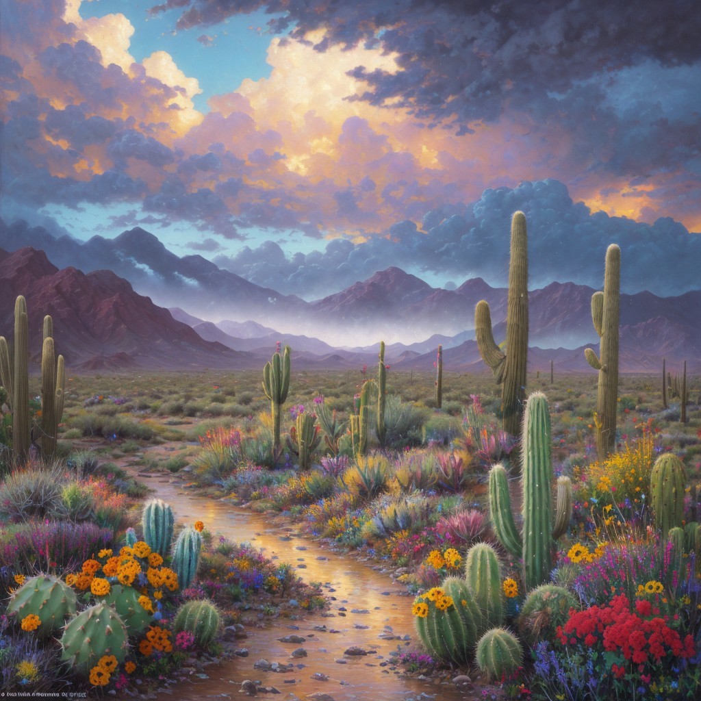 Vibrant Desert Landscape with Wildflowers and Cacti