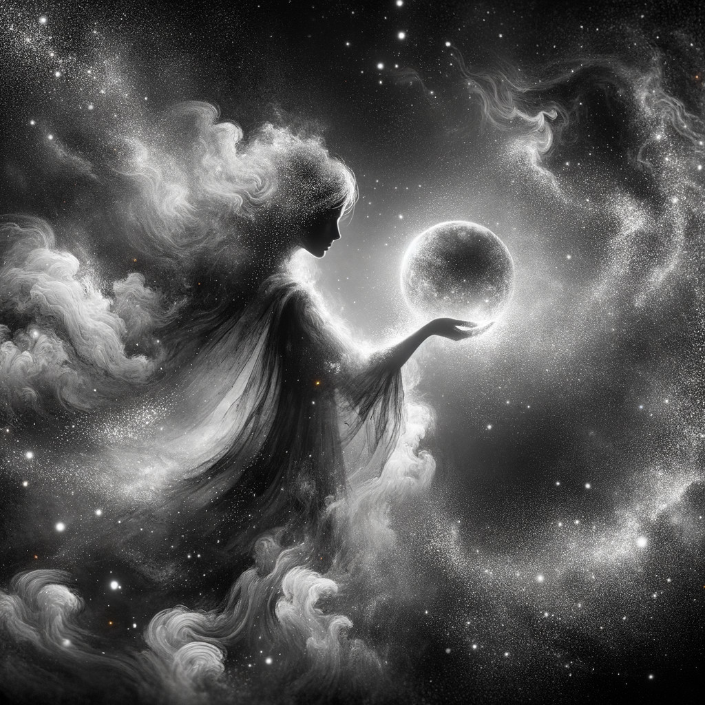 Ethereal figure in black and white celestial scene
