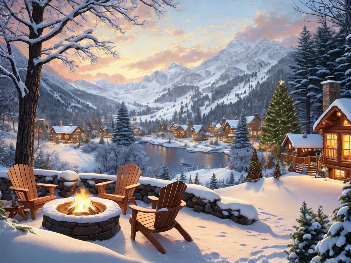 Winter Landscape with Cabins and Snowy Mountains
