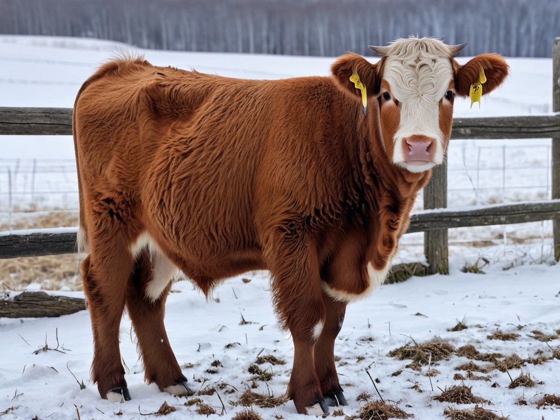 Calf in Snowy Landscape with Rustic Fence