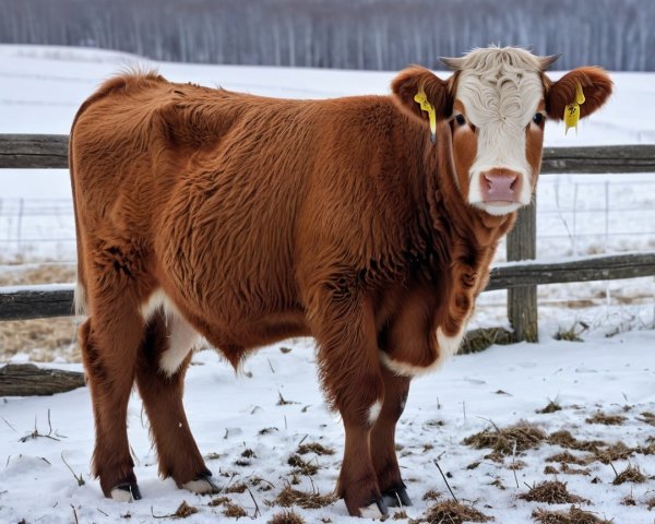 Calf in Snowy Landscape with Rustic Fence