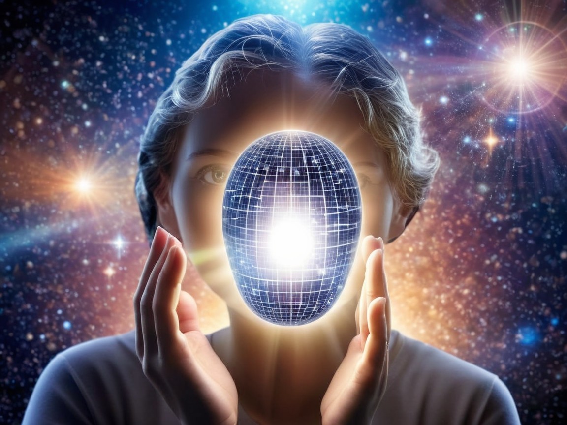 Person with glowing sphere against starry cosmos backdrop