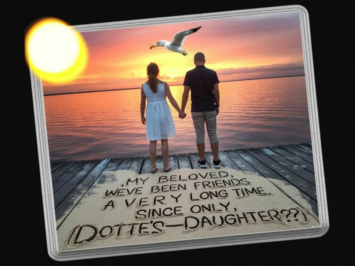 Couple on Pier at Sunset with Heartfelt Message
