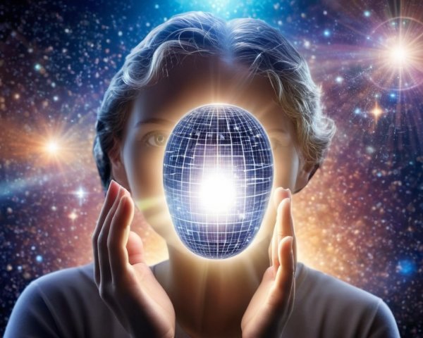 Person with glowing sphere against starry cosmos backdrop