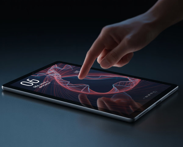 Modern Tablet with Abstract Red Design on Dark Surface