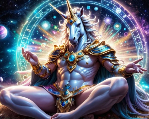 Majestic unicorn in golden armor amidst a galaxy