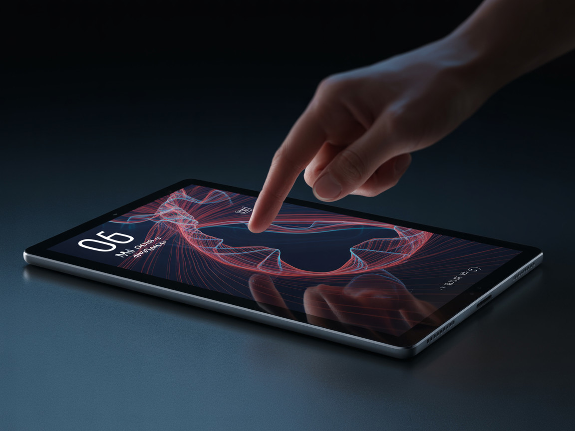 Modern Tablet with Abstract Red Design on Dark Surface