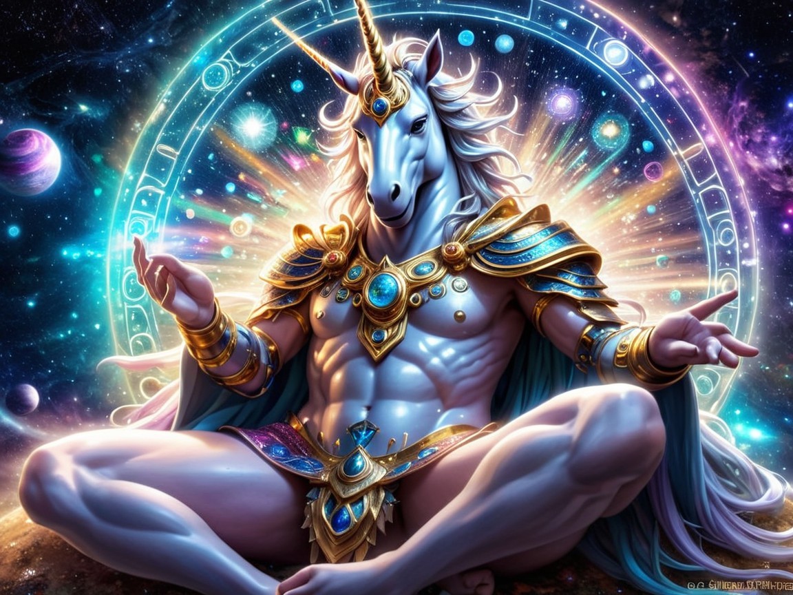 Majestic unicorn in golden armor amidst a galaxy