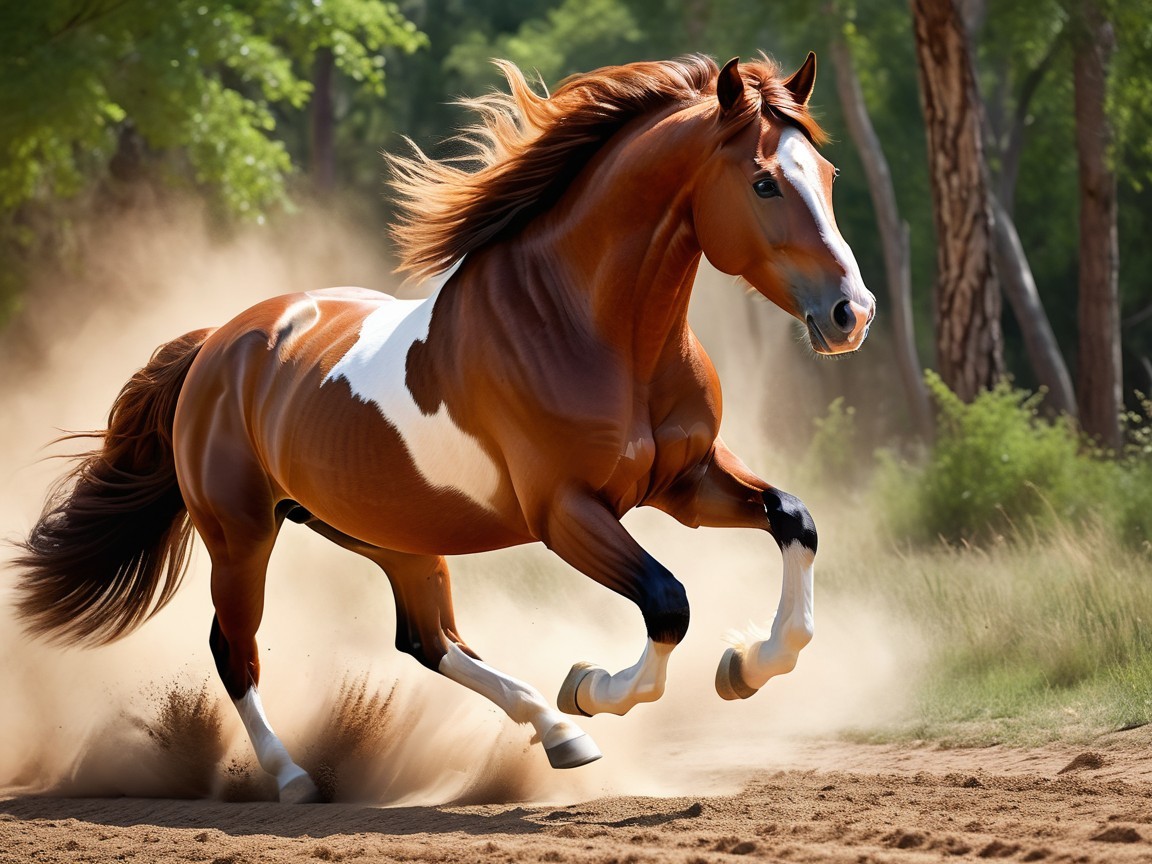 Chestnut Horse Galloping in Sunlit Forest Clearing