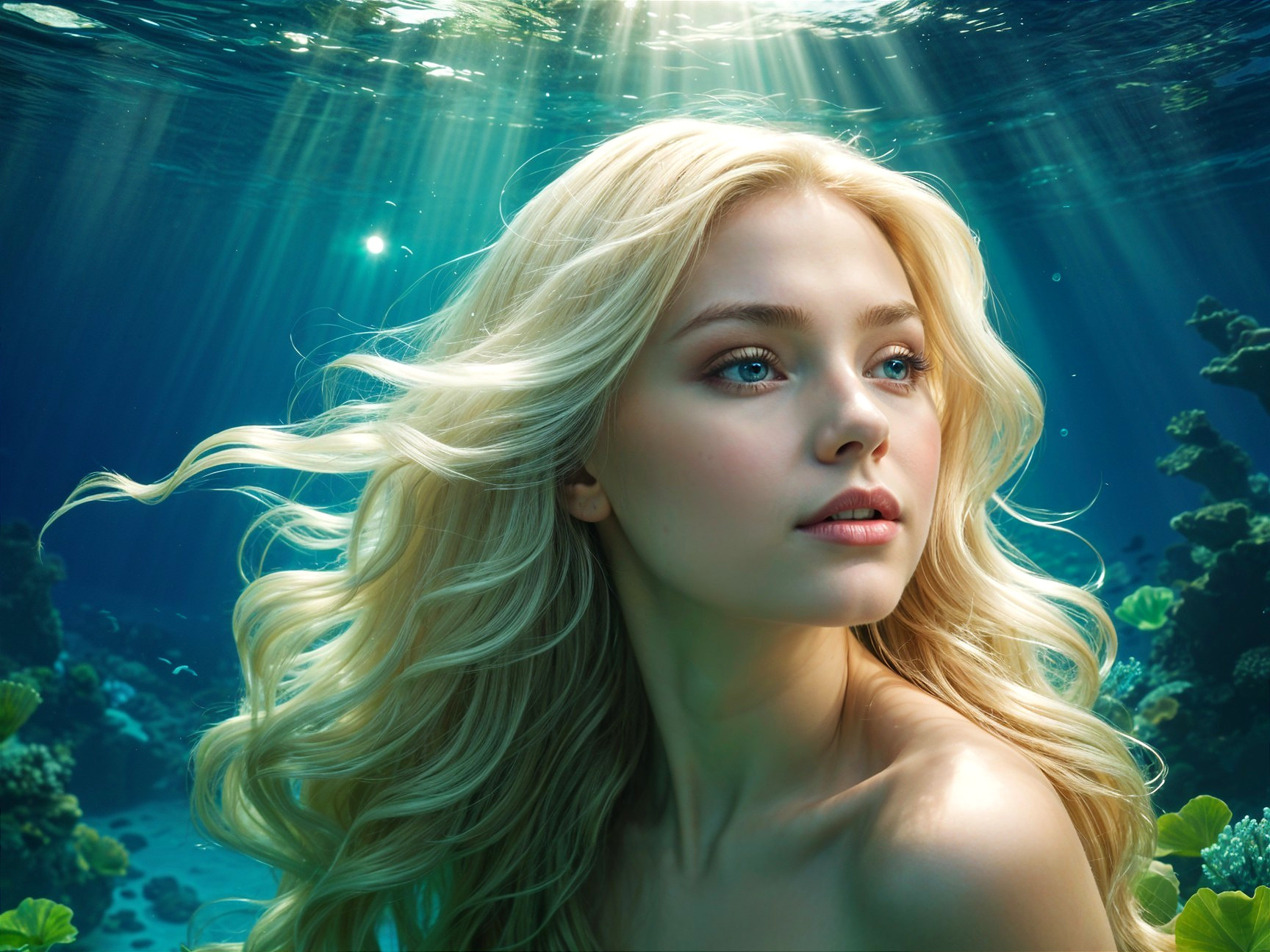 Young woman swimming gracefully in serene underwater scene