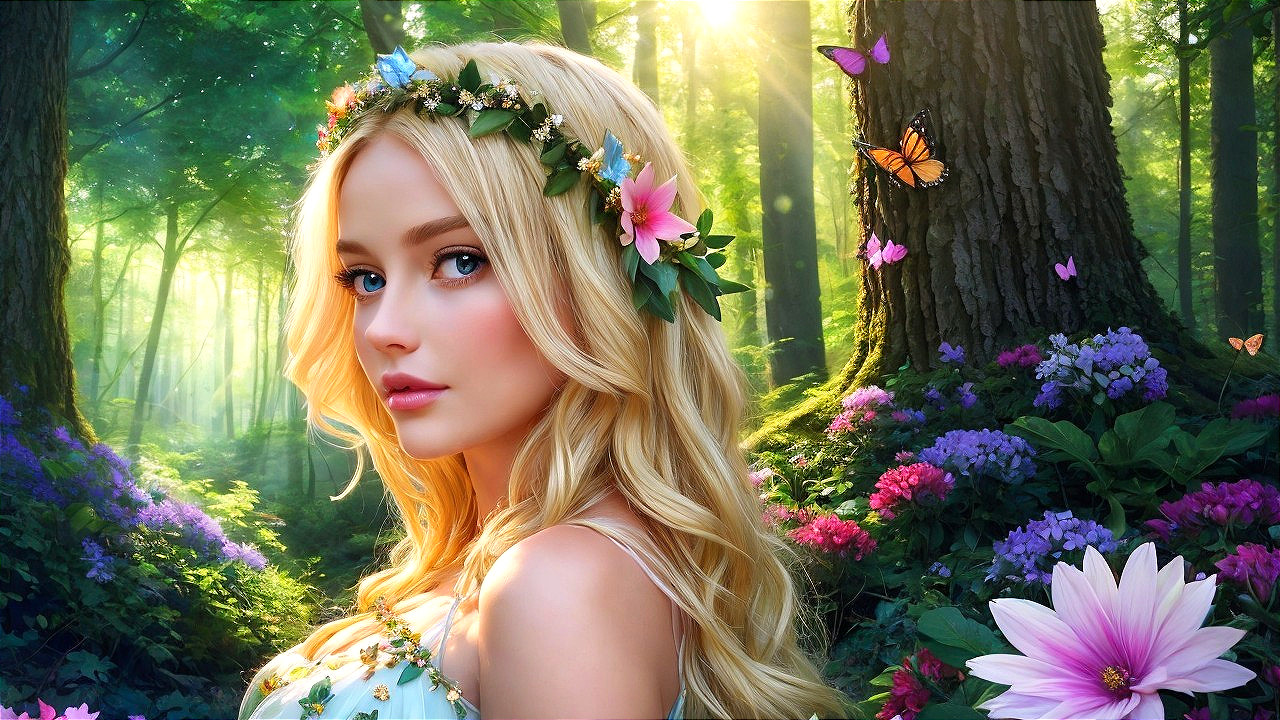 Young woman in floral crown in a vibrant forest