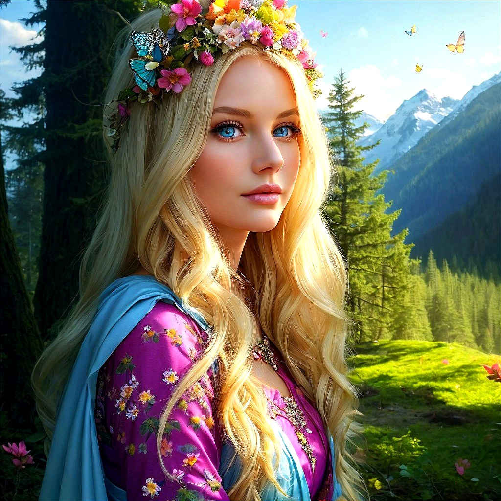 Young woman in floral attire in a serene forest setting