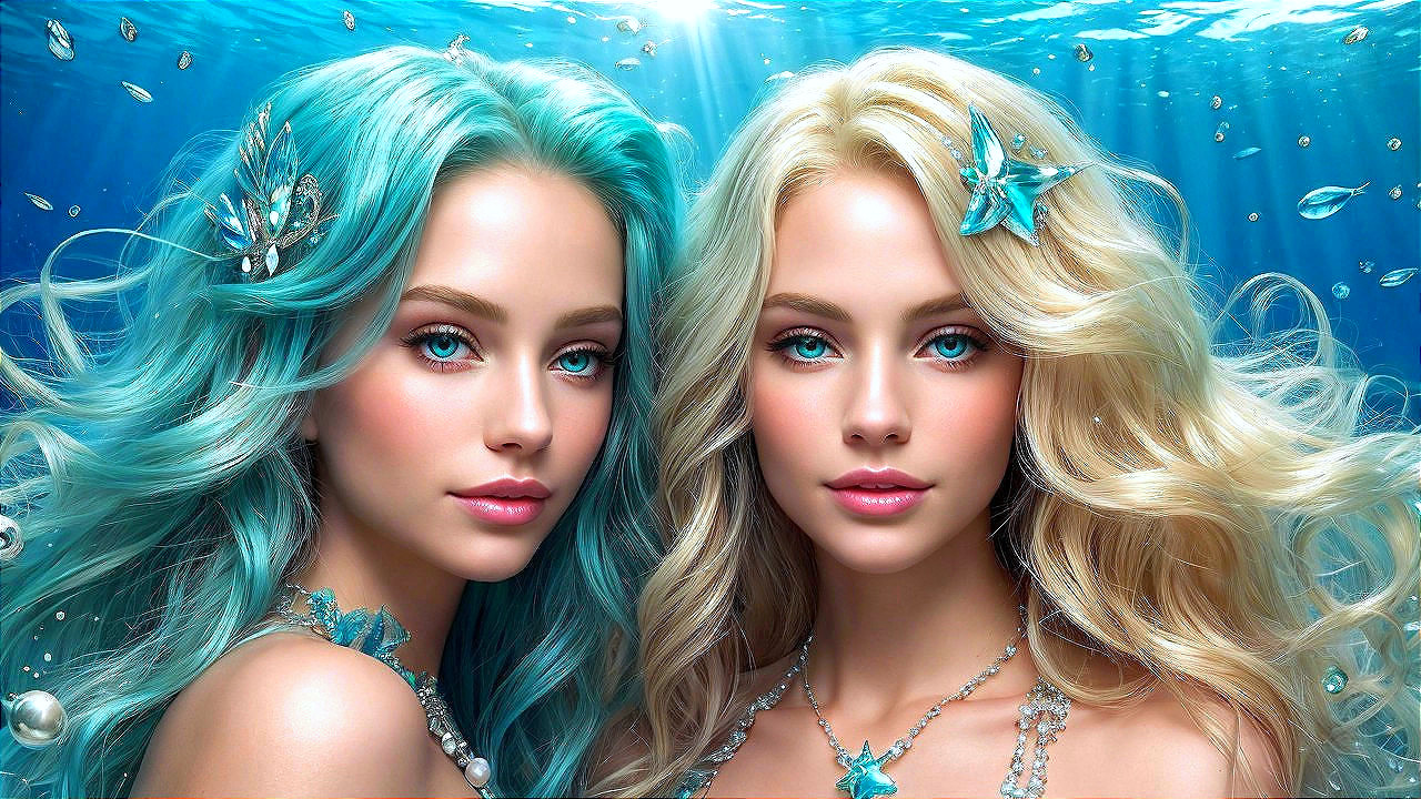 Mermaid-like figures swimming in a magical underwater scene