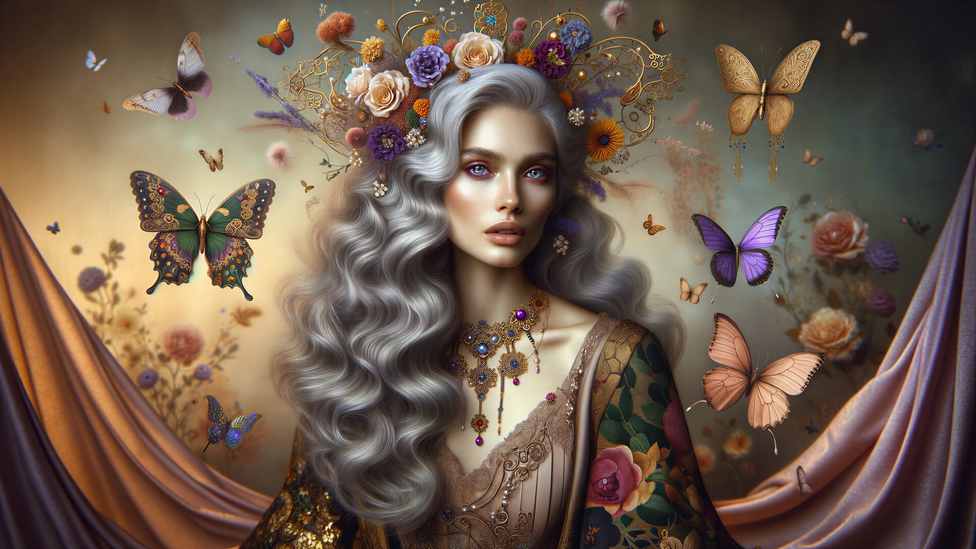 Woman with Silver Hair and Floral Crown in Nature Scene