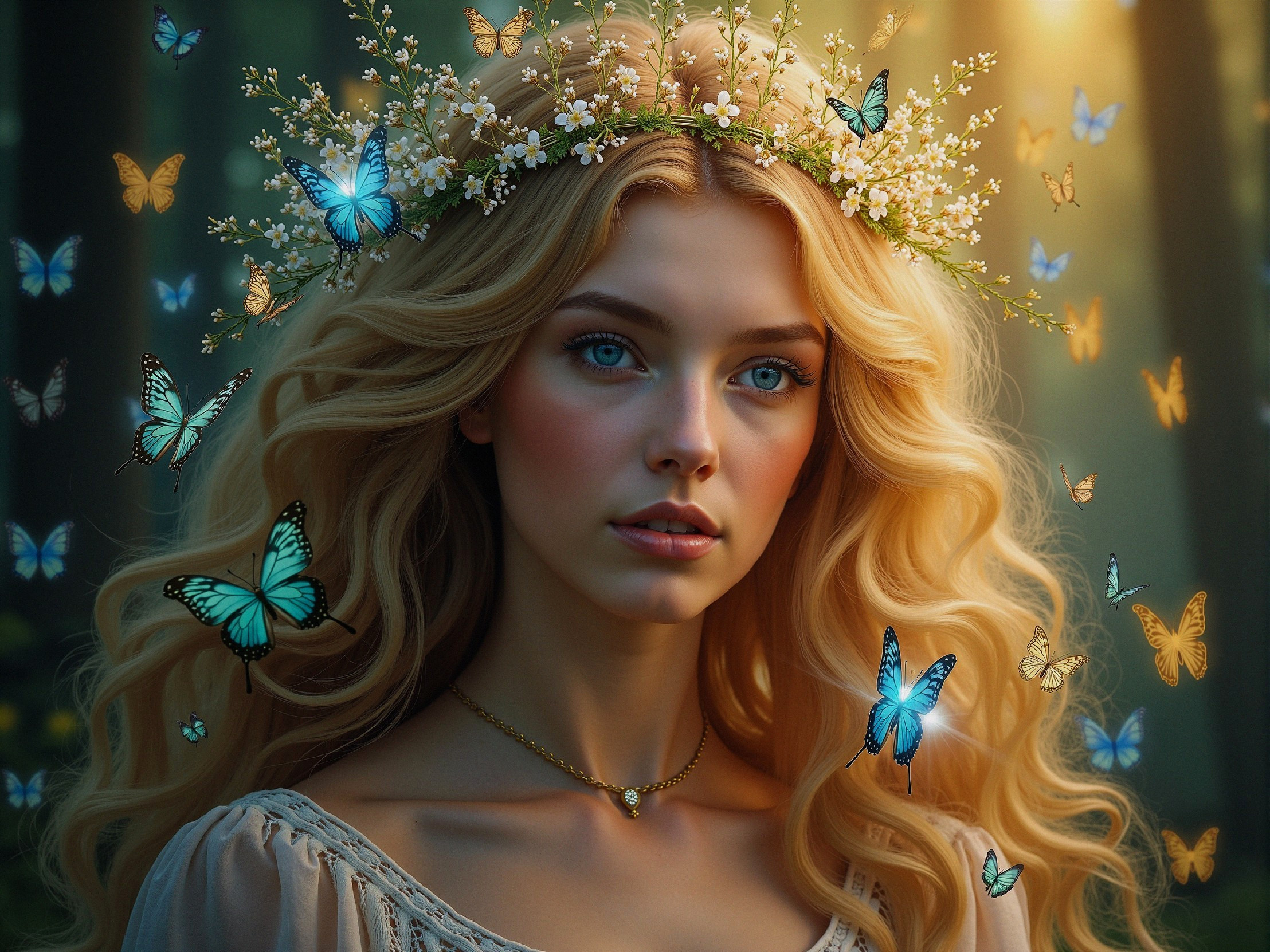 Serene Woman with Flower Crown in Sunlit Forest