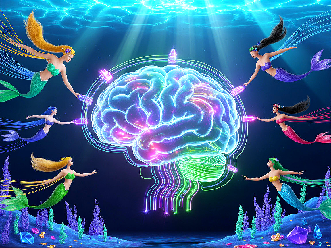 Underwater Scene with Mermaids and Glowing Brain