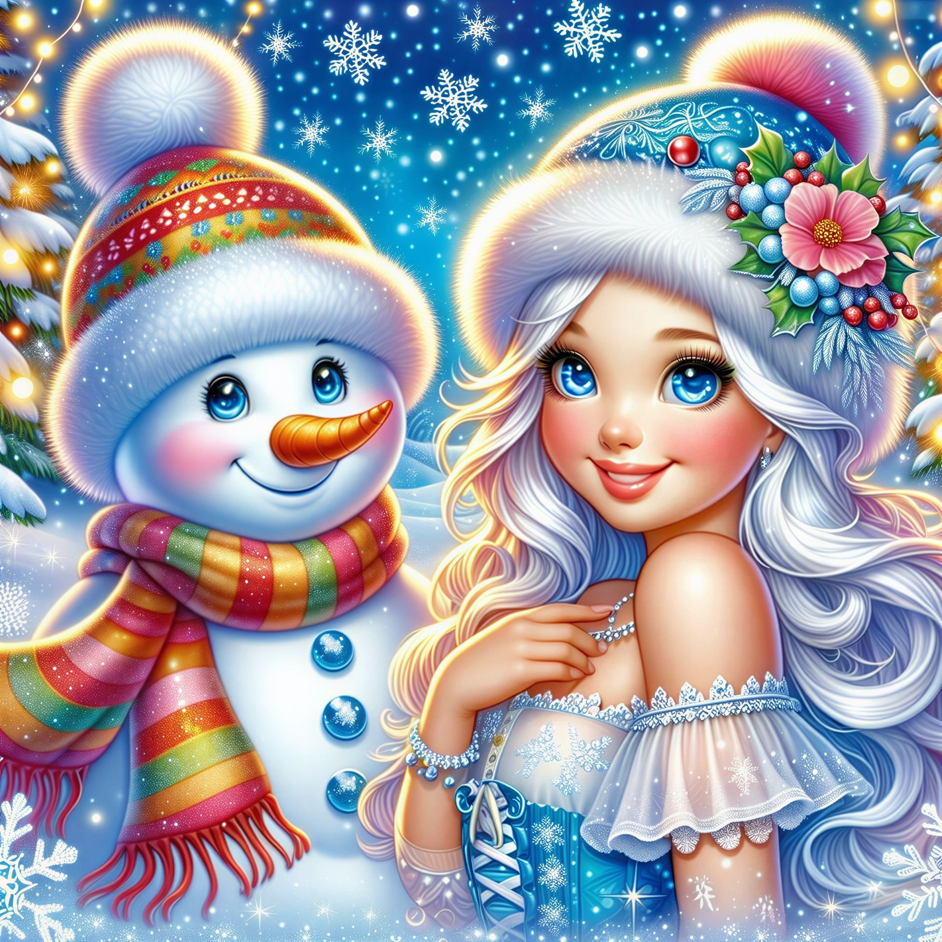 Cheerful Girl and Snowman in Winter Wonderland Scene