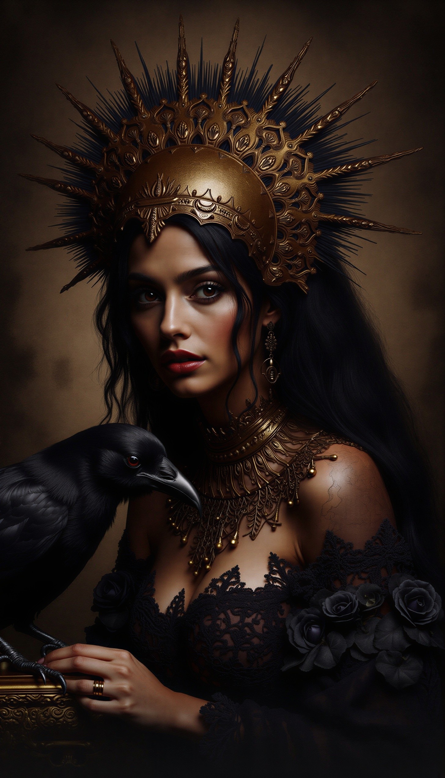 Portrait of a woman with gold jewelry and crown