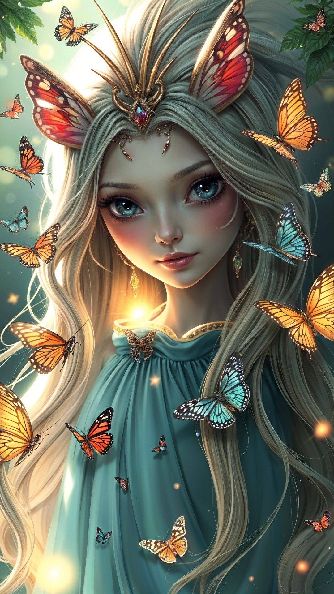 Fairy-tale character in turquoise gown with butterflies