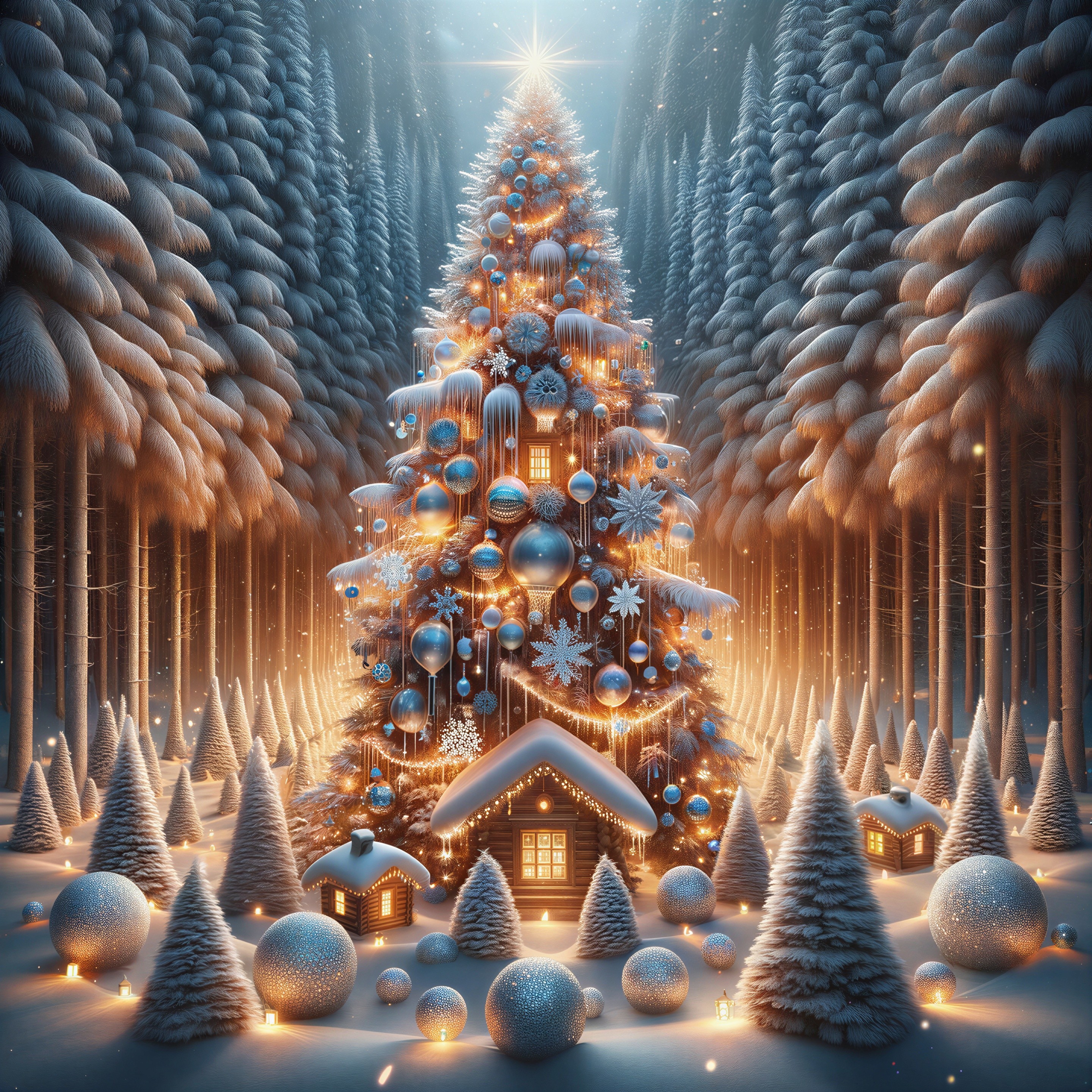 Decorated Christmas Tree in Snowy Winter Landscape