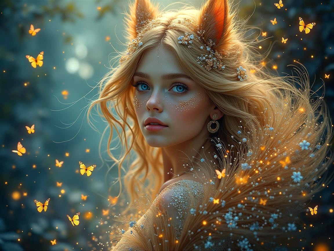 Mystical Figure in Enchanted Forest with Butterflies