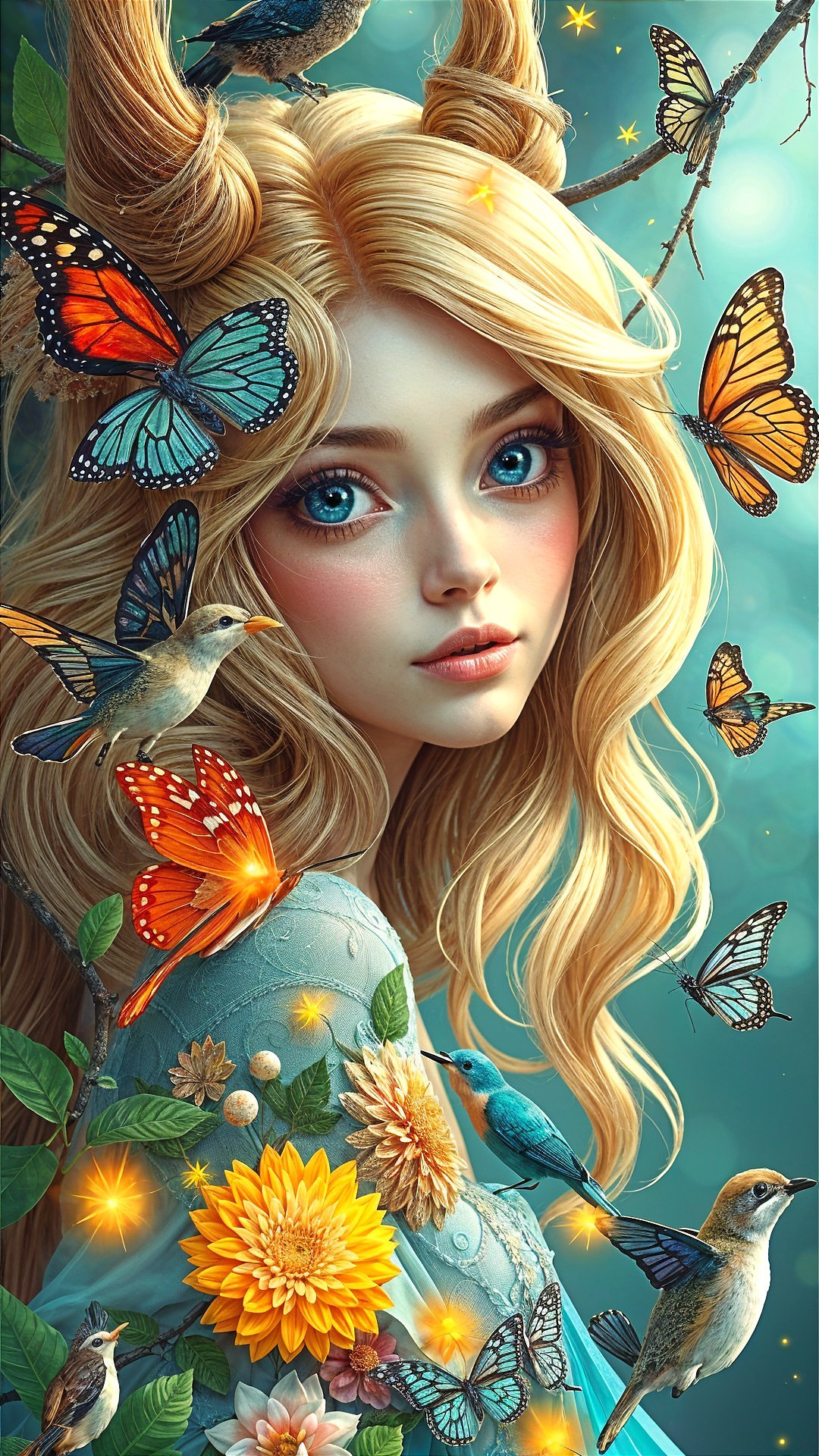 Young woman with horns in a vibrant floral setting