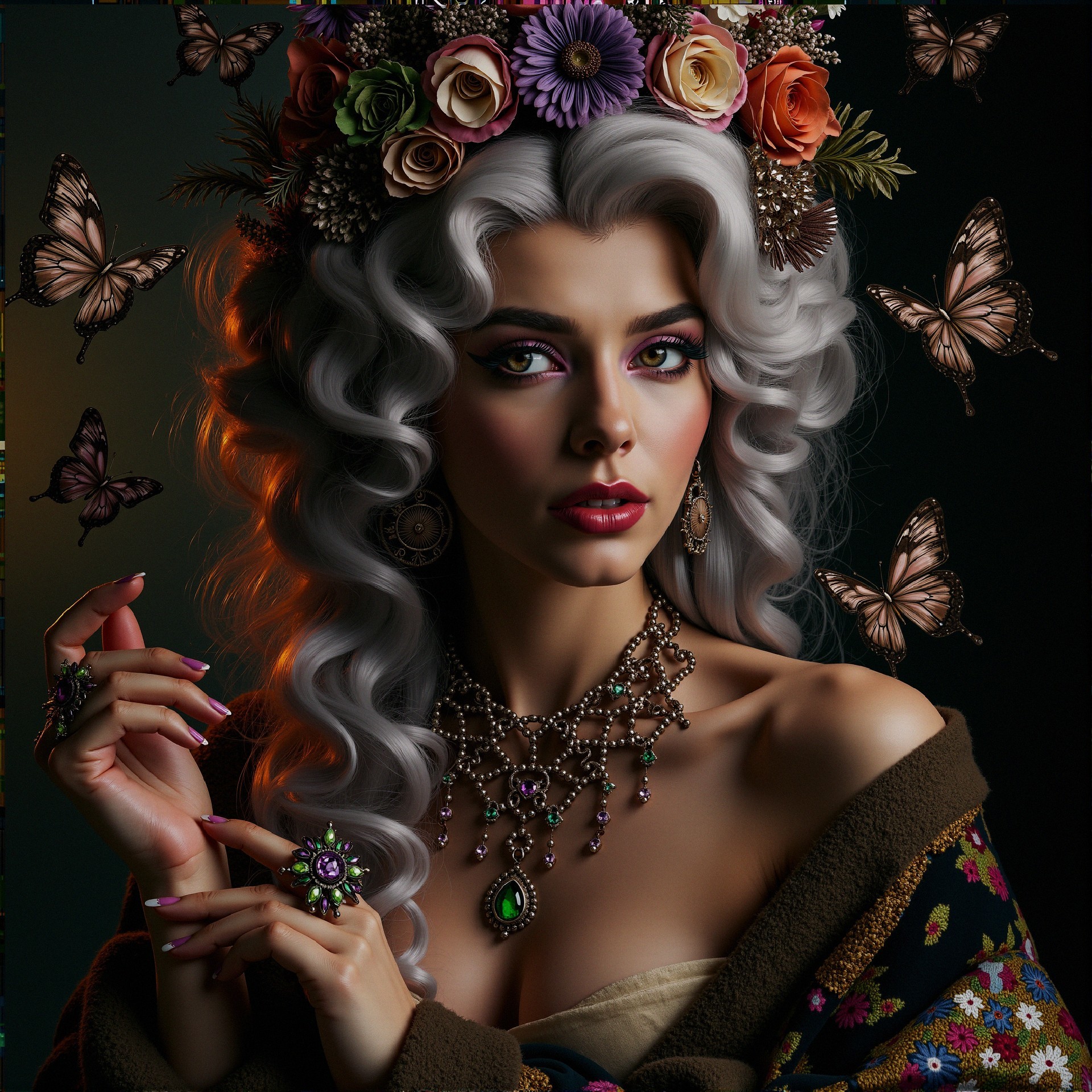 Portrait of a woman with silver hair and floral headpiece