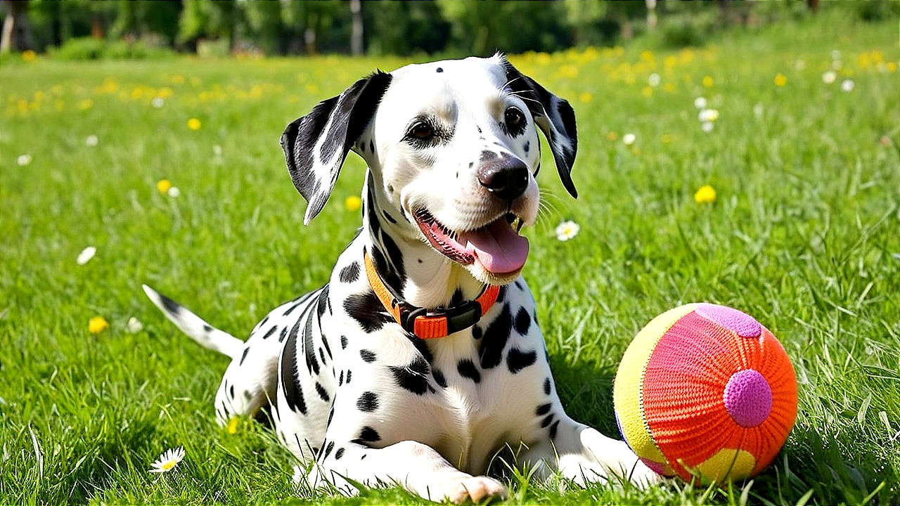 Dalmatian on Green Lawn Surrounded by Flowers and Ball