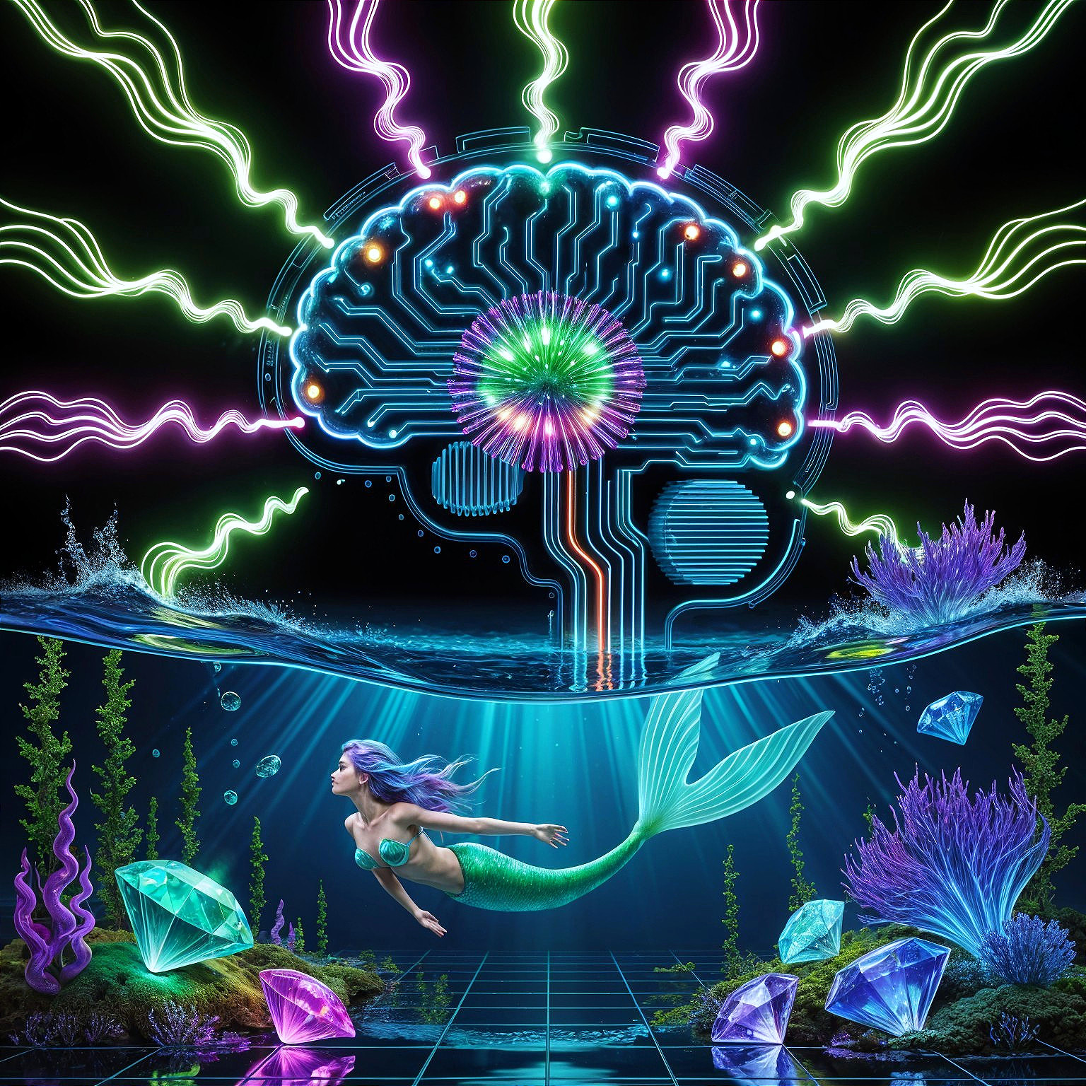 Mermaid Underwater Scene with Coral and Neon Design