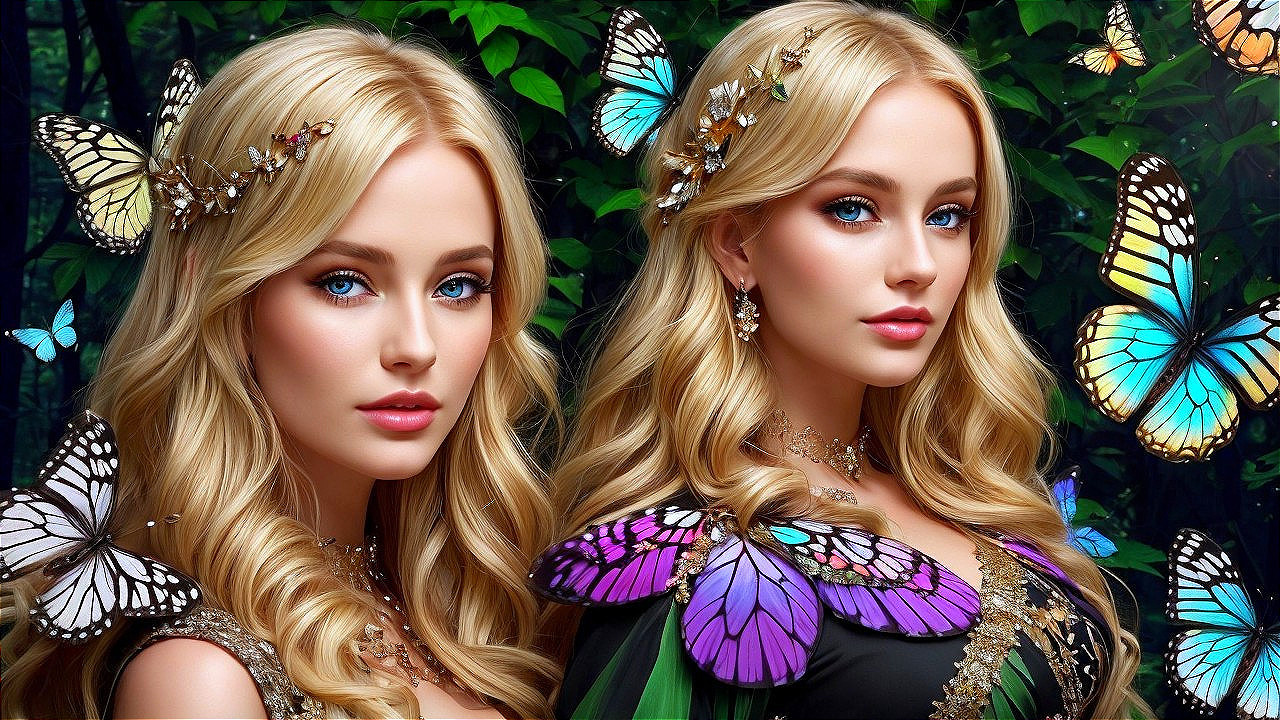 Enchanting Women with Butterflies in Lush Greenery