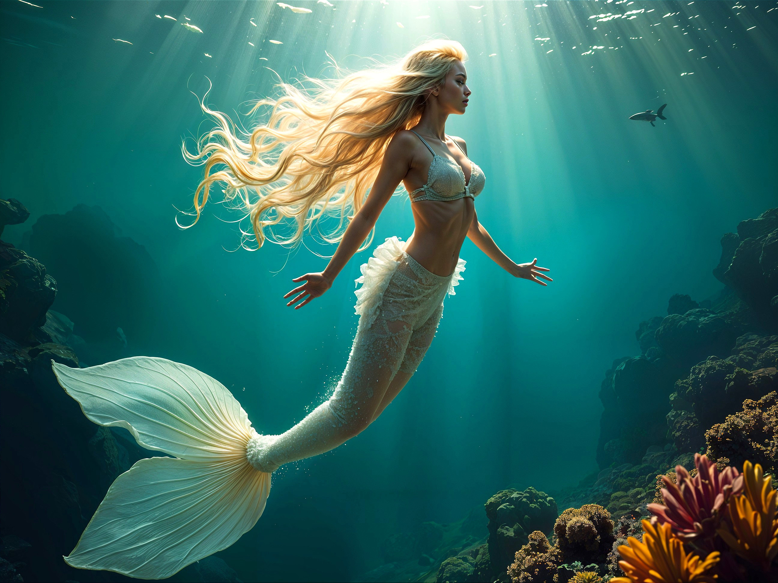 Mermaid Swimming Among Coral and Marine Life