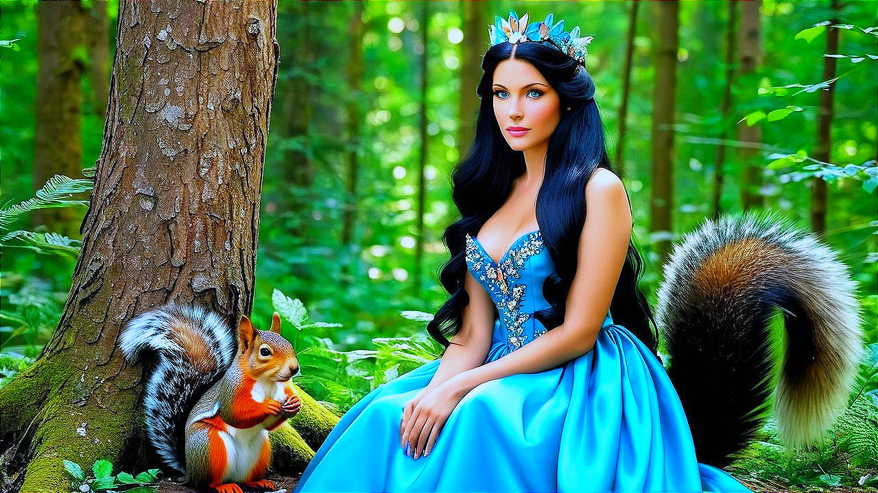 Woman in Blue Gown in Enchanting Forest Setting